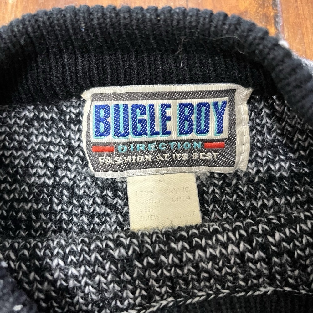 Vintage Bugle Boy Sweater 80s Spell Out Gray Black Block Patch Size Small - Picture 10 of 11